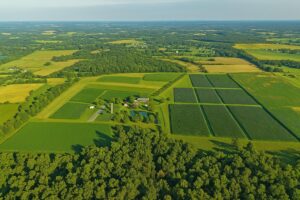 Bird'seye view of Ashburn farmland with cornfield and a pond.