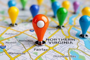 Map of Northern Virginia with colorful pins marking key cities and roads.
