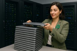 Woman placing a laptop on a tall stack in a server room, promoting sustainable e-waste practices.