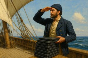 Vintage-style painting of a sailor from the 1700s scanning the horizon from the bow of a wooden sailing ship.