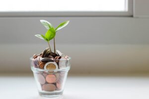 A small green plant with two stems grows out of a clear glass filled with assorted coins.