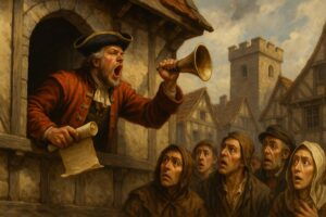 Medieval scene of a town crier announcing news from a window, holding a scroll and horn, as villagers look up in surprise and concern.