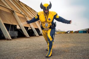 A man dressed in a costume representing Wolvering from the X-Men